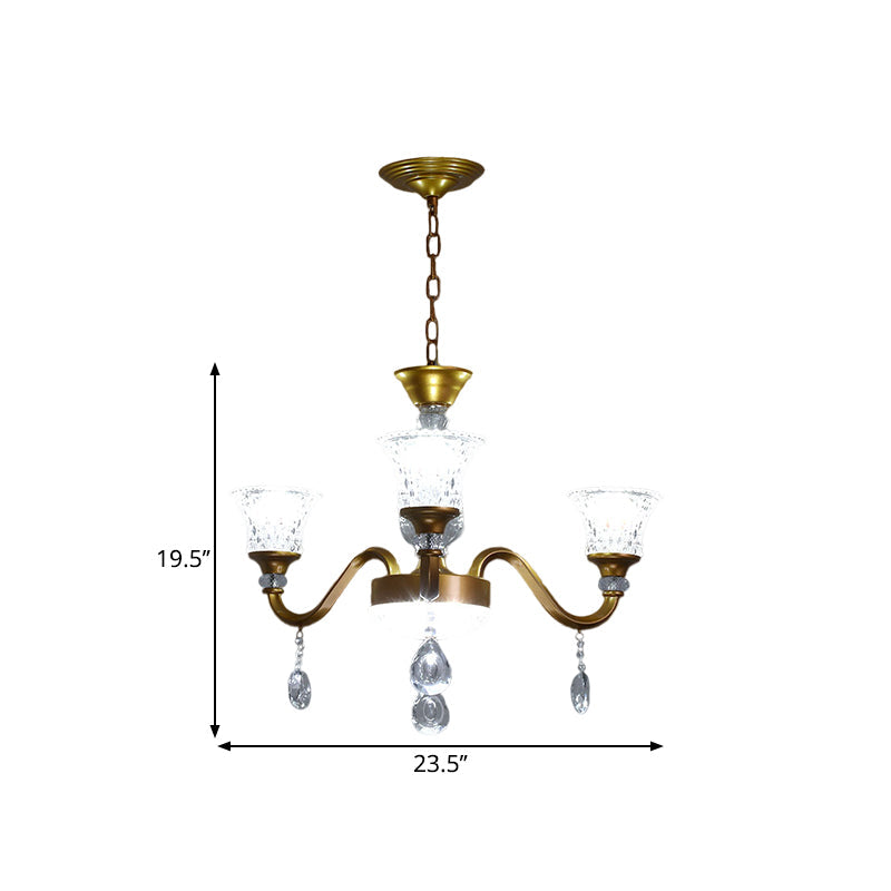Lustre traditionnel en forme de cloche dorée avec pendentif en verre cristal transparent - Idéal pour le salon - 3/6/8 têtes