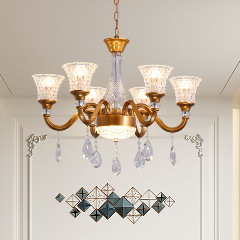 Lustre traditionnel en forme de cloche dorée avec pendentif en verre cristal transparent - Idéal pour le salon - 3/6/8 têtes