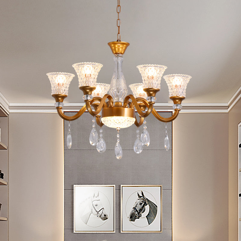 Lustre traditionnel en forme de cloche dorée avec pendentif en verre cristal transparent - Idéal pour le salon - 3/6/8 têtes