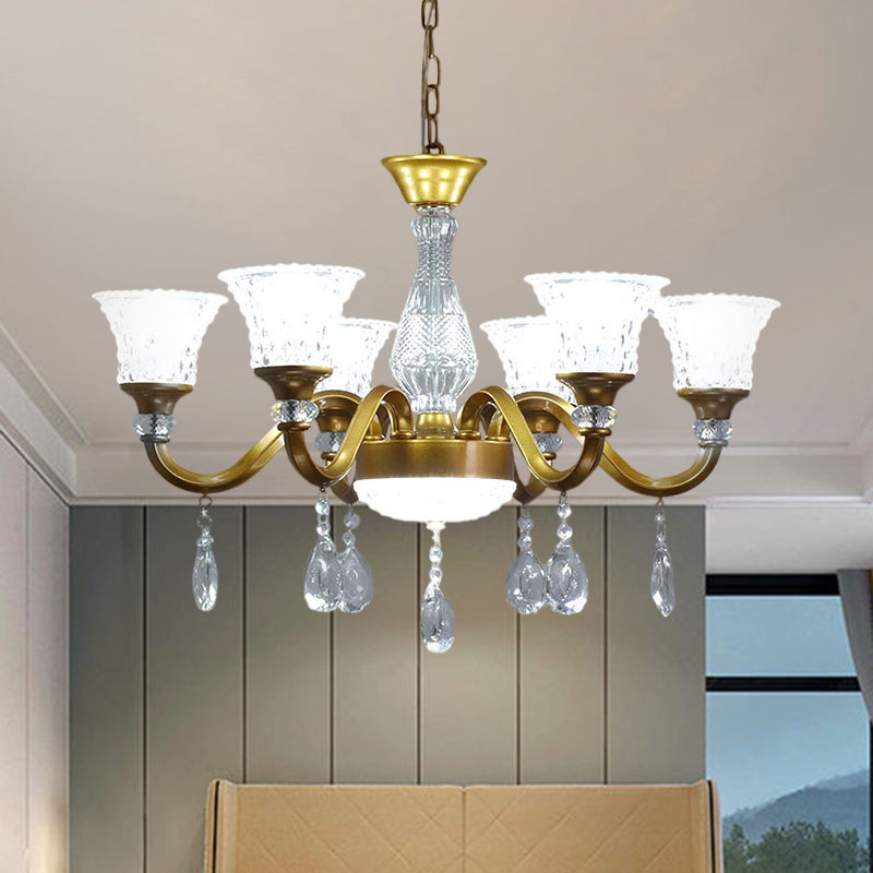 Lustre traditionnel en forme de cloche dorée avec pendentif en verre cristal transparent - Idéal pour le salon - 3/6/8 têtes