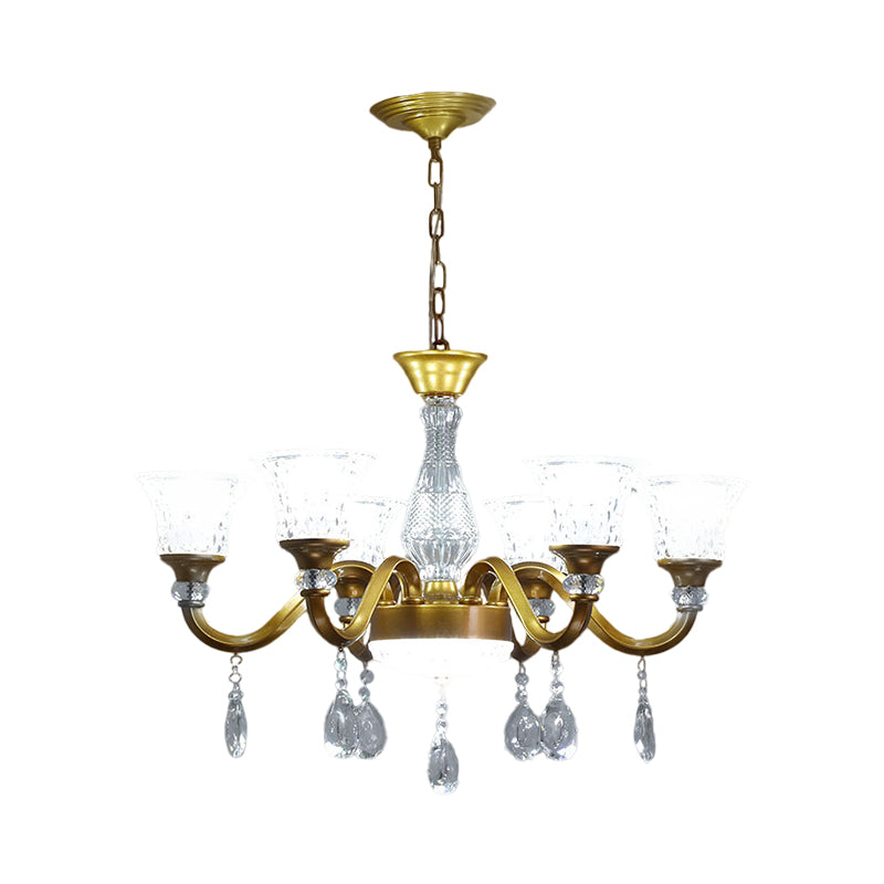 Lustre traditionnel en forme de cloche dorée avec pendentif en verre cristal transparent - Idéal pour le salon - 3/6/8 têtes