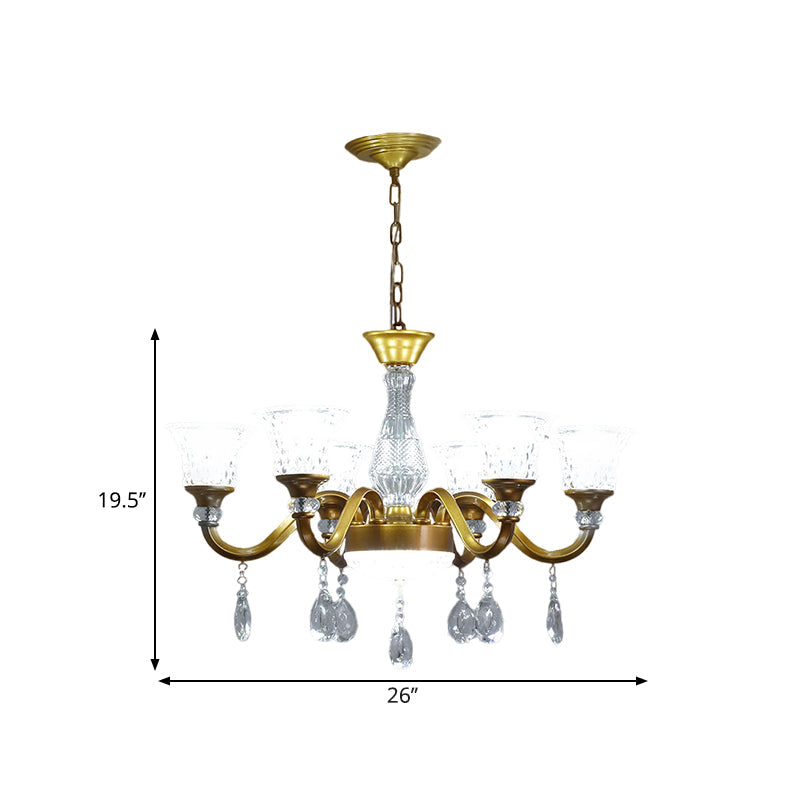 Lustre traditionnel en forme de cloche dorée avec pendentif en verre cristal transparent - Idéal pour le salon - 3/6/8 têtes