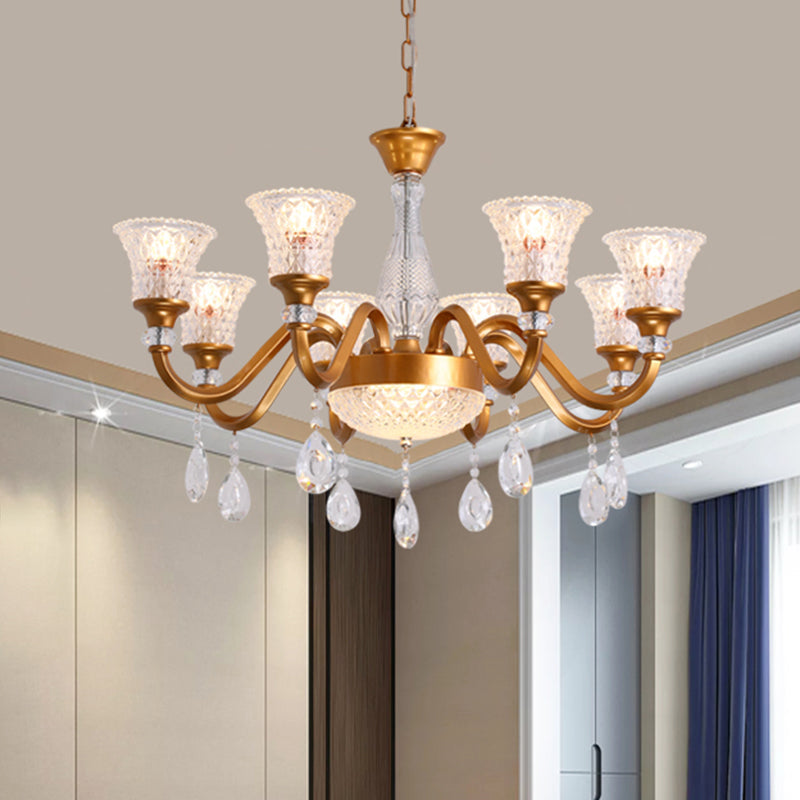 Lustre traditionnel en forme de cloche dorée avec pendentif en verre cristal transparent - Idéal pour le salon - 3/6/8 têtes