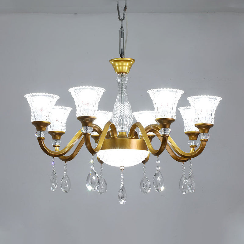 Lustre traditionnel en forme de cloche dorée avec pendentif en verre cristal transparent - Idéal pour le salon - 3/6/8 têtes