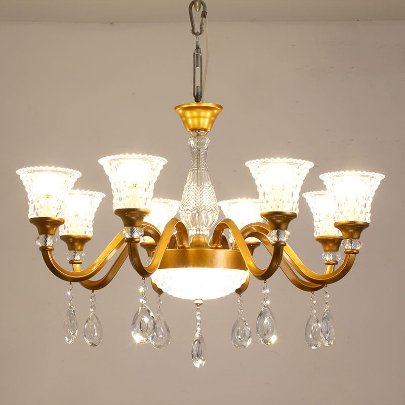 Lustre traditionnel en forme de cloche dorée avec pendentif en verre cristal transparent - Idéal pour le salon - 3/6/8 têtes