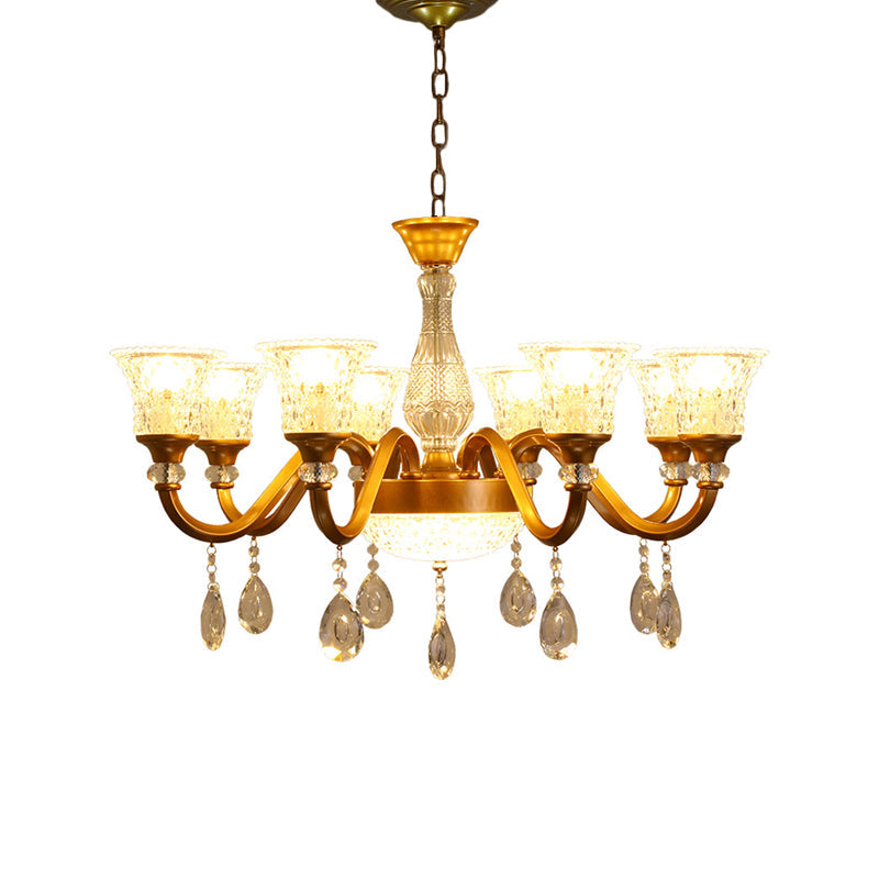 Lustre traditionnel en forme de cloche dorée avec pendentif en verre cristal transparent - Idéal pour le salon - 3/6/8 têtes
