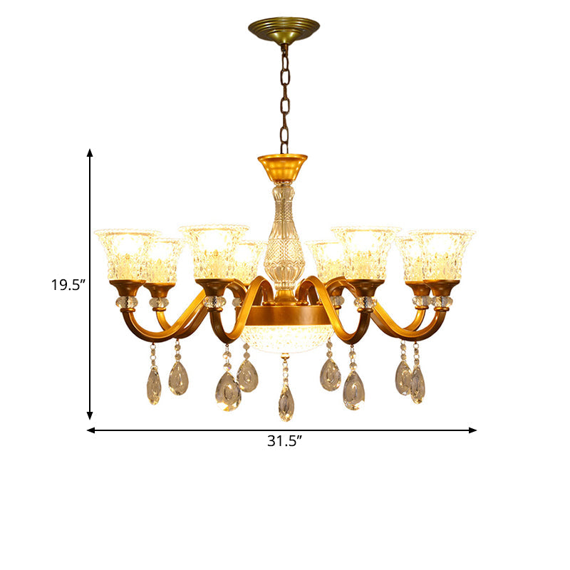 Lustre traditionnel en forme de cloche dorée avec pendentif en verre cristal transparent - Idéal pour le salon - 3/6/8 têtes