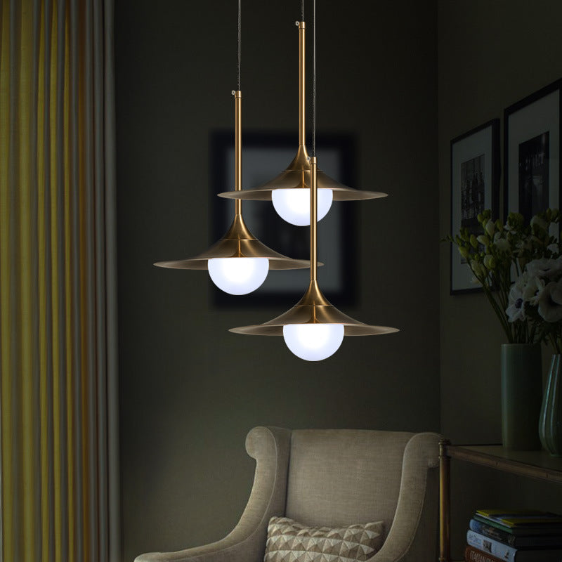 Mid Century Brass Finish Flared Ceiling Light - Frosted Glass Shade - 1 Light Hallway Pendant