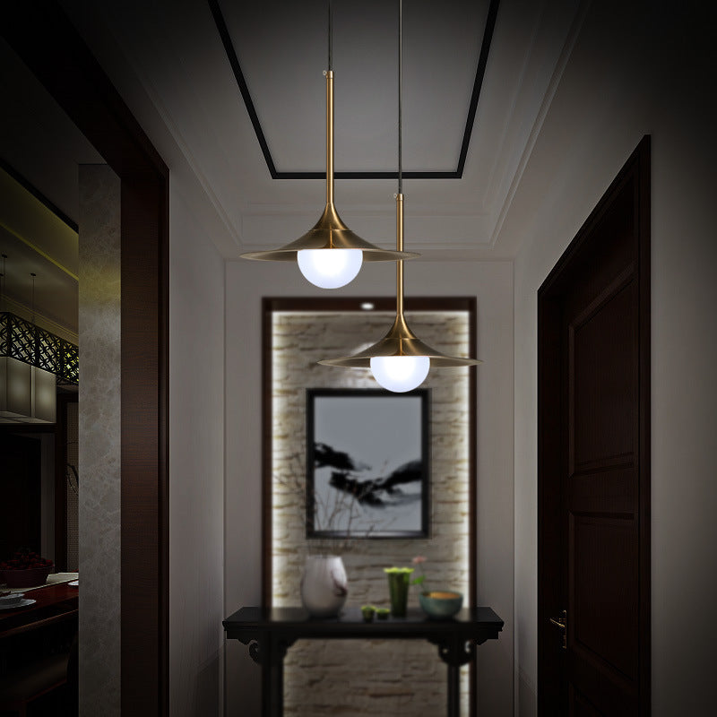 Mid Century Brass Finish Flared Ceiling Light - Frosted Glass Shade - 1 Light Hallway Pendant