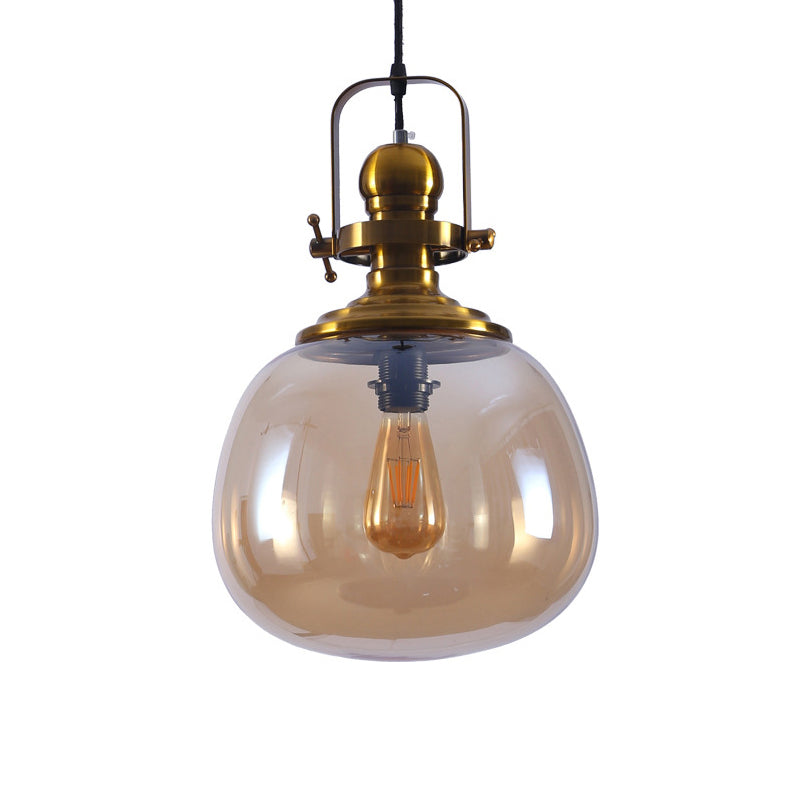 Lampe suspendue moderne en laiton antique et verre ambré pour salon - Lampe de plafond ronde à 1 lumière