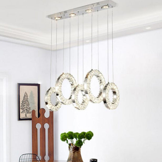Minimalist Chrome LED Hoop Pendant Light with Crystal Accents - White/Warm Light