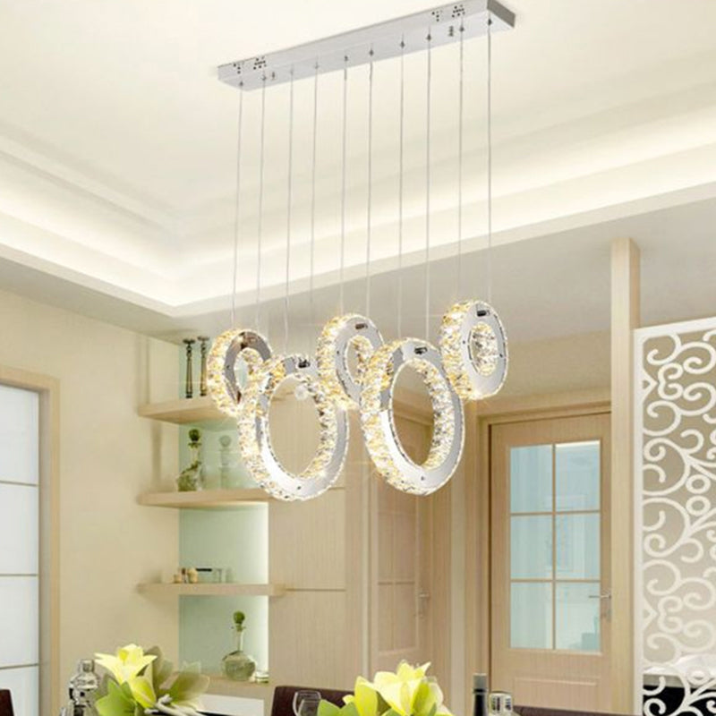 Minimalist Chrome LED Hoop Pendant Light with Crystal Accents - White/Warm Light