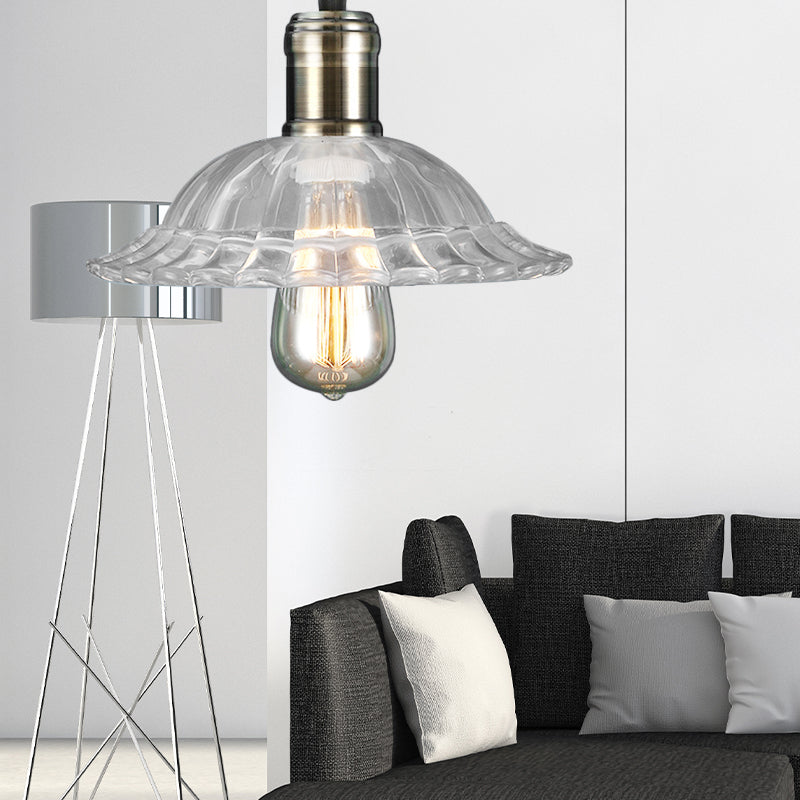 Plafonnier suspendu avec abat-jour en verre côtelé festonné - Luminaire suspendu industriel pour salon - Transparent
