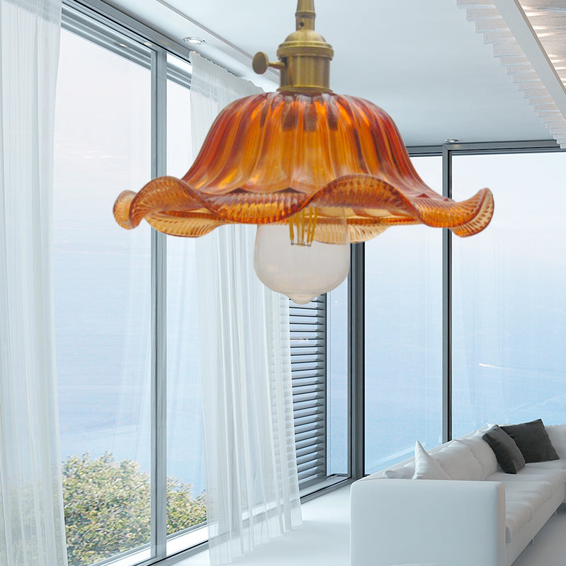 Vintage Scalloped Pendant Lighting in Yellow - 1 Light Ribbed Glass Hanging Lamp for Living Room (8"/10"/12" Width)