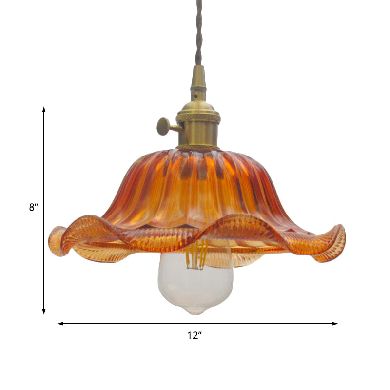 Vintage Scalloped Pendant Lighting in Yellow - 1 Light Ribbed Glass Hanging Lamp for Living Room (8"/10"/12" Width)