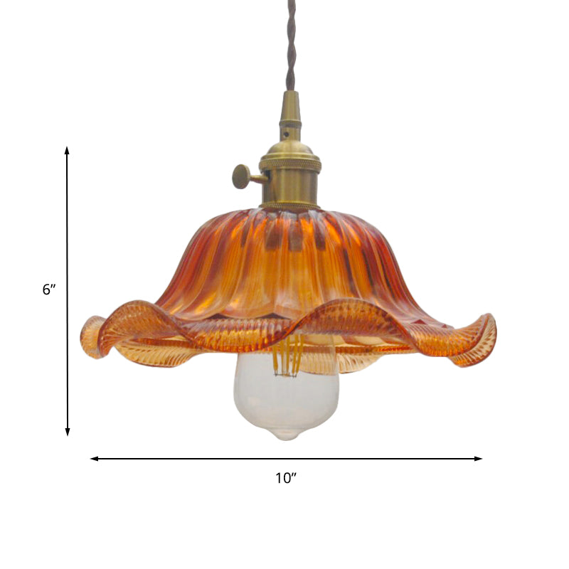 Vintage Scalloped Pendant Lighting - 1 Light Ribbed Glass Hanging Lamp In Yellow 8/10/12 Wide For