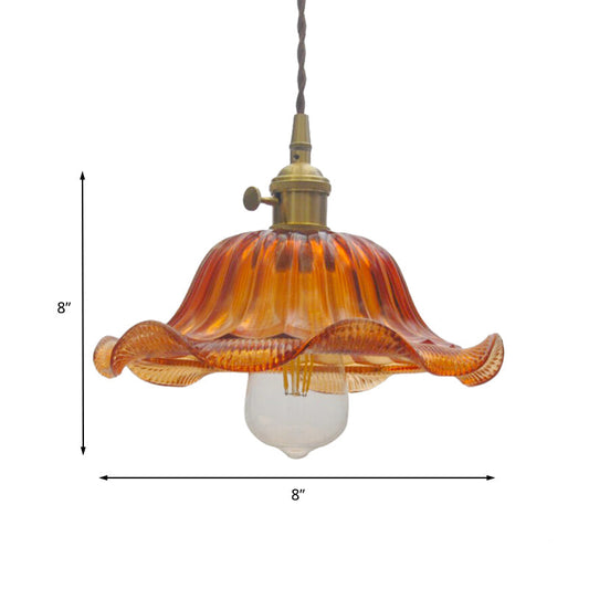 Vintage Scalloped Pendant Lighting - 1 Light Ribbed Glass Hanging Lamp In Yellow 8/10/12 Wide For