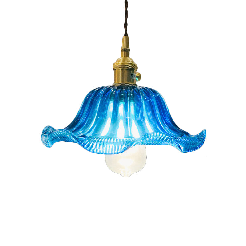 Plafonnier suspendu festonné industriel - Luminaire suspendu en verre bleu à 1 ampoule, 12 po de large