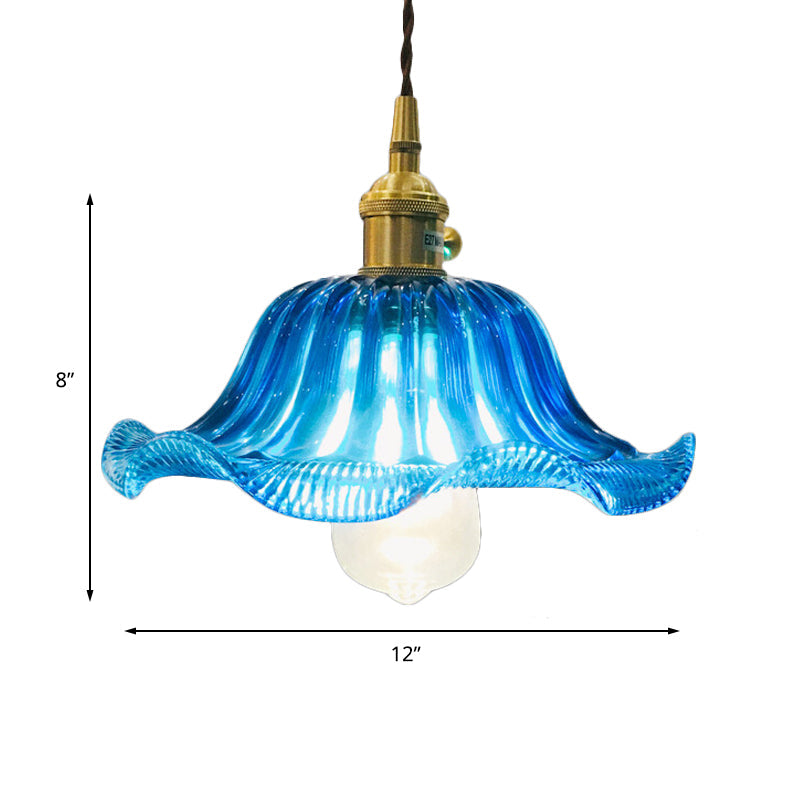 Plafonnier suspendu festonné industriel - Luminaire suspendu en verre bleu à 1 ampoule, 12 po de large