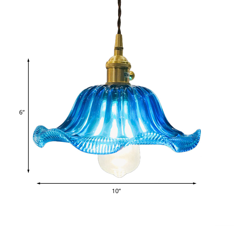 Plafonnier suspendu festonné industriel - Luminaire suspendu en verre bleu à 1 ampoule, 12 po de large