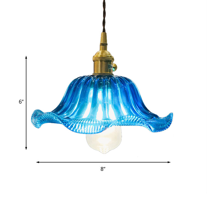 Plafonnier suspendu festonné industriel - Luminaire suspendu en verre bleu à 1 ampoule, 12 po de large