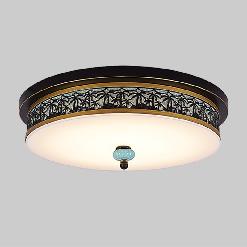 16" - 19.5" W LED Flush Mount Ceiling Light Fixture | Black-Gold | Opal Glass Drum | Dining Hall