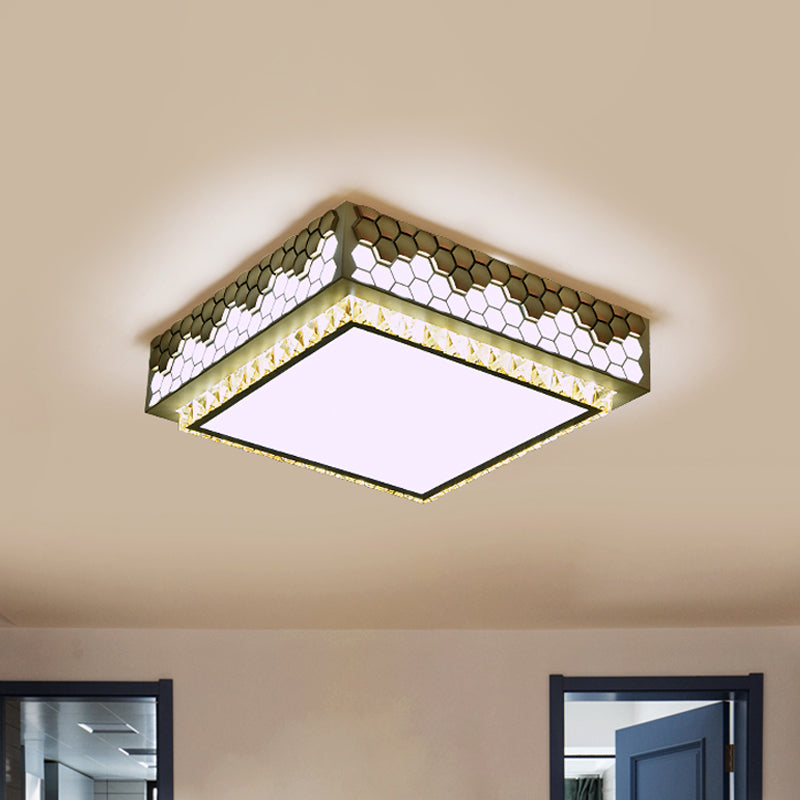 Modern Crystal LED Square Box Ceiling Lamp - White Flush Mount with Honeycomb Side