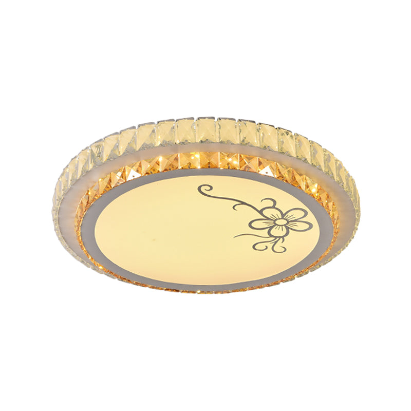 Contemporary Round LED Ceiling Flush Mount with Clear Cut Crystal & Elegant Floral/Cubical Pattern