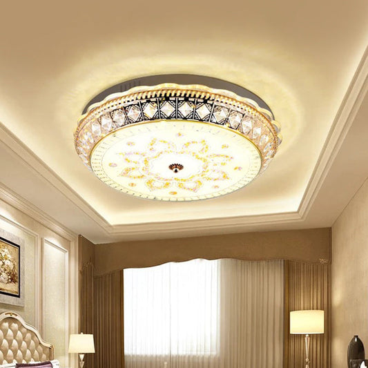Modern LED Drum Flushmount Ceiling Light with Clear Crystal Embellishments and Flower Pattern for Living Room