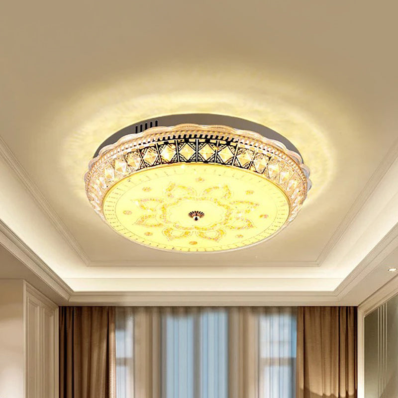 Modern LED Drum Flushmount Ceiling Light with Clear Crystal Embellishments and Flower Pattern for Living Room