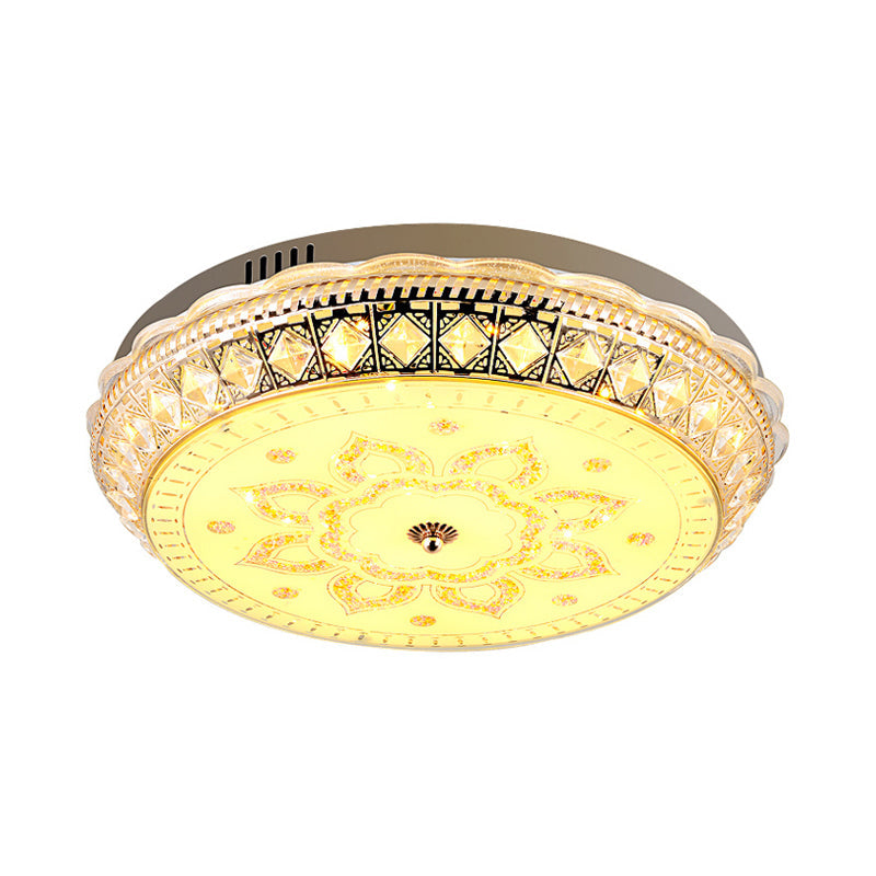 Modern LED Drum Flushmount Ceiling Light with Clear Crystal Embellishments and Flower Pattern for Living Room