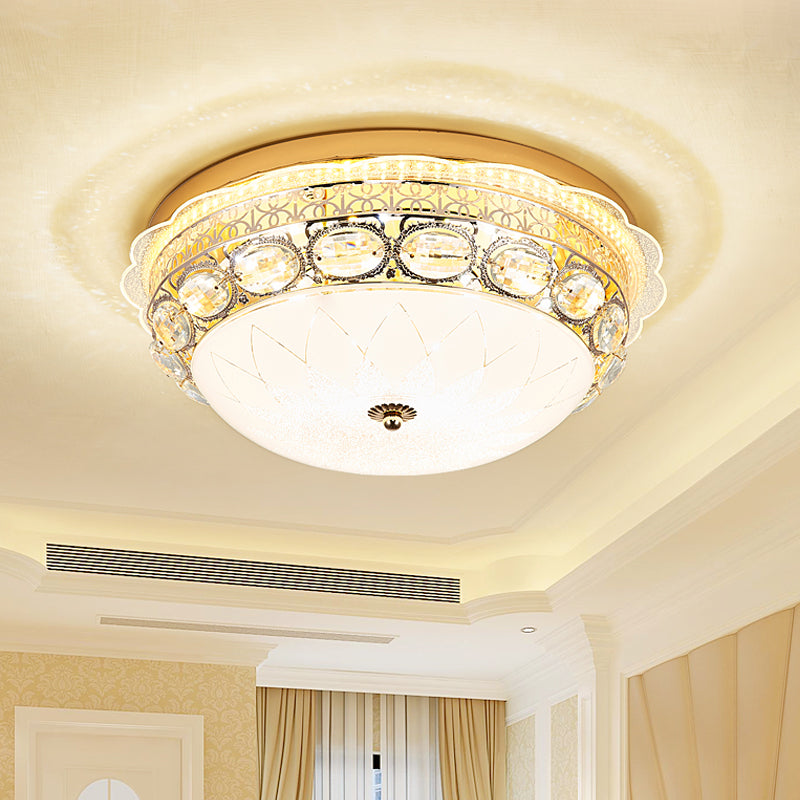 Classic Crystal Bowl Flush Ceiling Light - LED Flush Mount Fixture, White - 16"/19.5" Wide - Bedroom Lighting