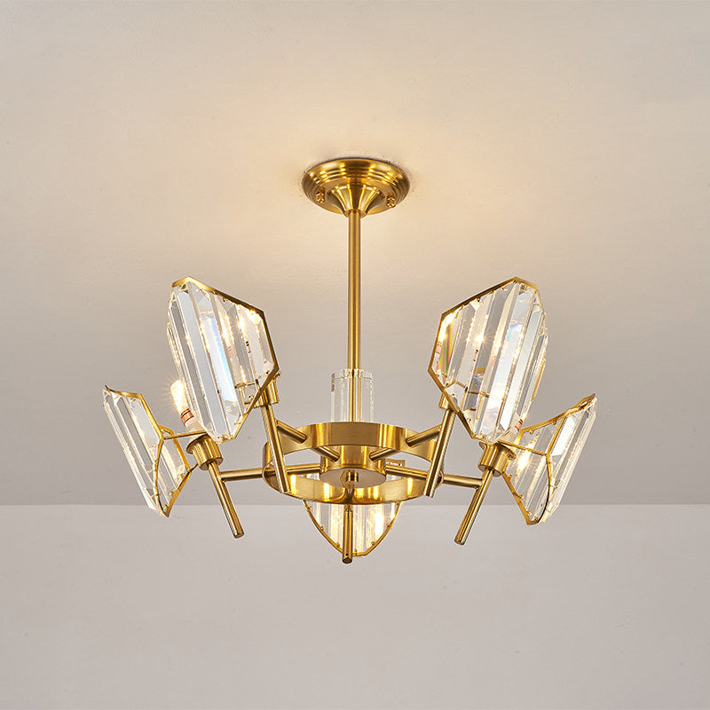 Sleek Gold Crystal Flush Mount Chandelier - Post-Modern Design with Curved Shade - Semi Flush Ceiling Light