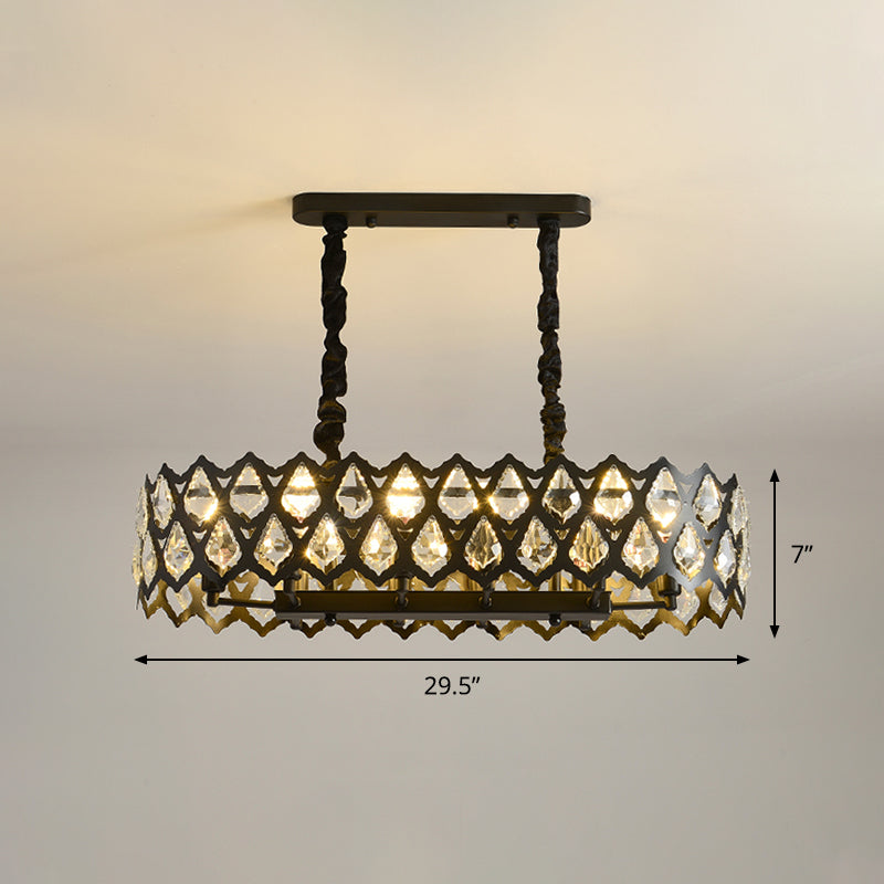 Black Oval Crystal Teardrops Suspension Light - Contemporary Island Pendant With 10/14 Bulbs