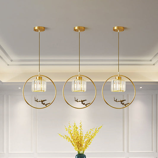 Modern Gold Circle Pendant with Crystal Cylinder Down Lighting for Dining Room – Includes Decorative Bird/Dragonfly