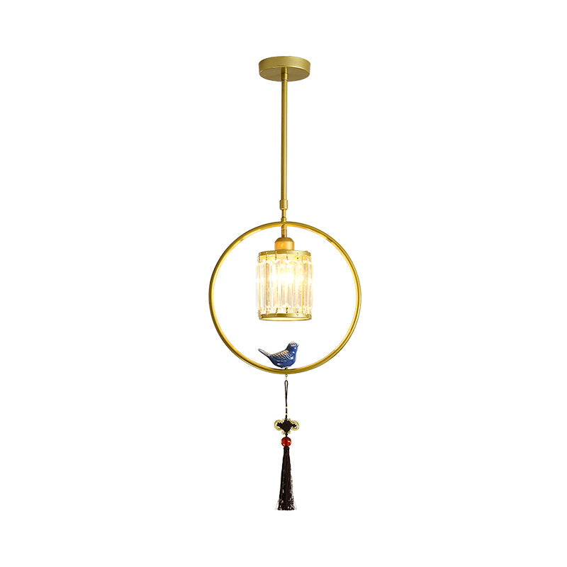 Modern Black/Gold Prismatic Crystal Pendant Light With Elegant Hoop And Tassel Design