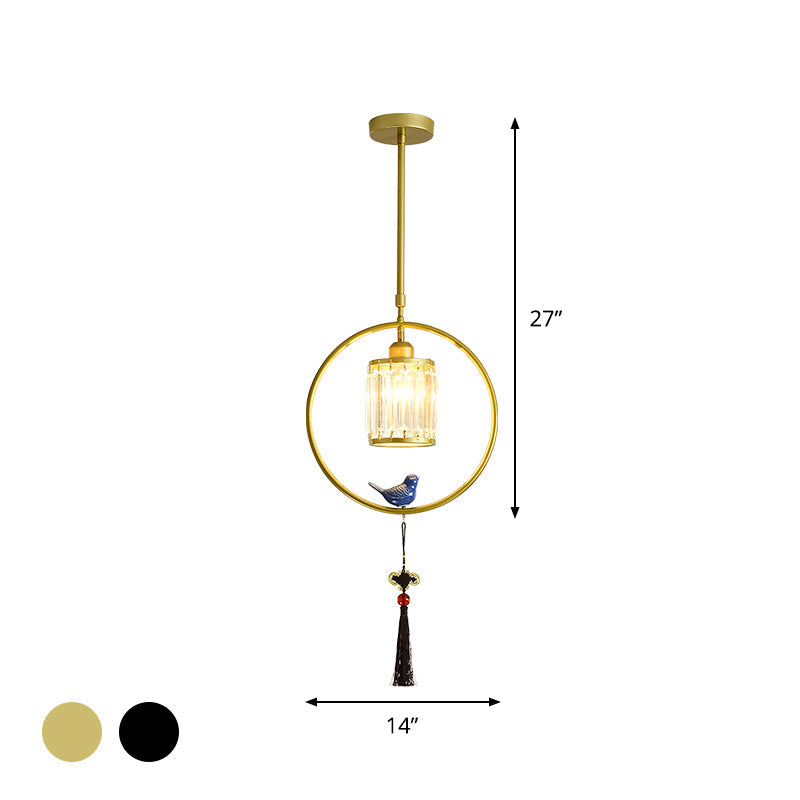 Modern Black/Gold Prismatic Crystal Pendant Light With Elegant Hoop And Tassel Design