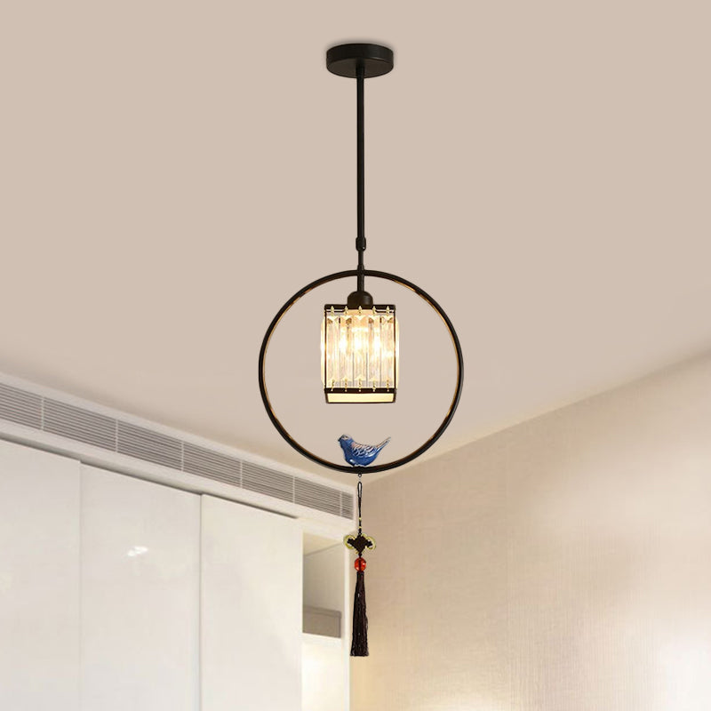 Modern Black/Gold Prismatic Crystal Pendant Light With Elegant Hoop And Tassel Design Black / Square