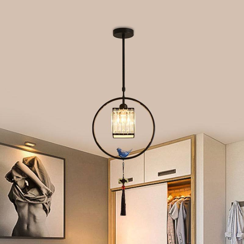 Modern Black and Gold Prismatic Crystal Pendant Light with Hanging Tassel