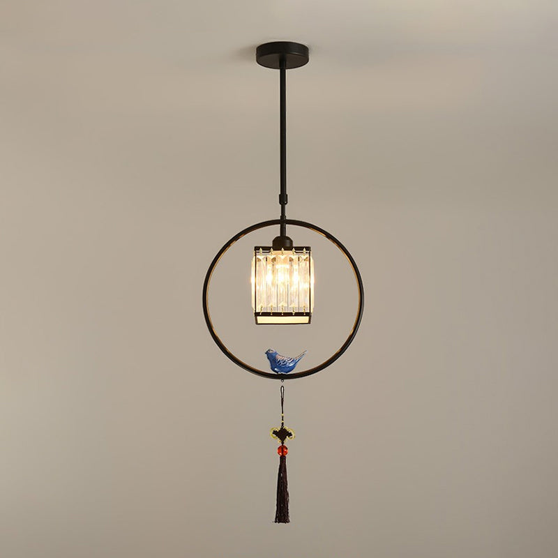 Modern Black and Gold Prismatic Crystal Pendant Light with Hanging Tassel