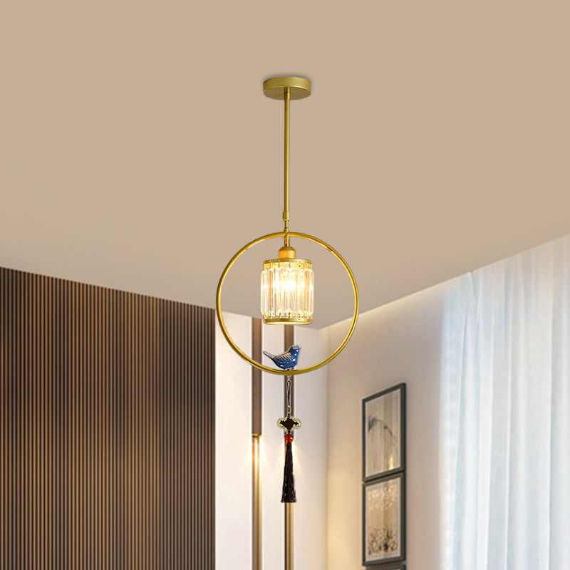 Modern Black and Gold Prismatic Crystal Pendant Light with Hanging Tassel