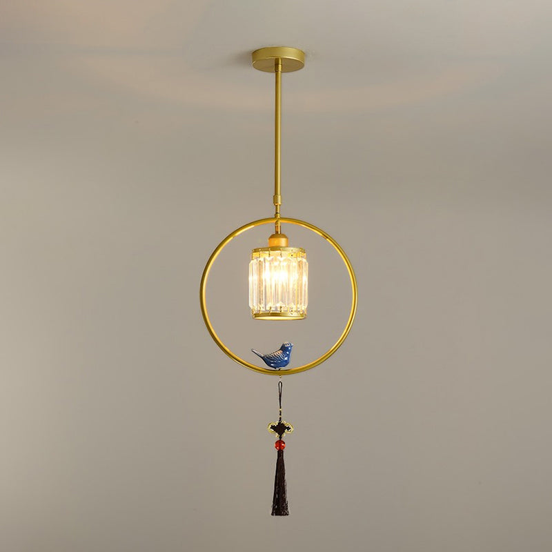 Modern Black/Gold Prismatic Crystal Pendant Light With Elegant Hoop And Tassel Design