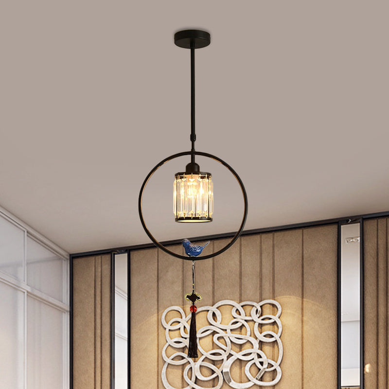 Modern Black/Gold Prismatic Crystal Pendant Light With Elegant Hoop And Tassel Design Black / Round