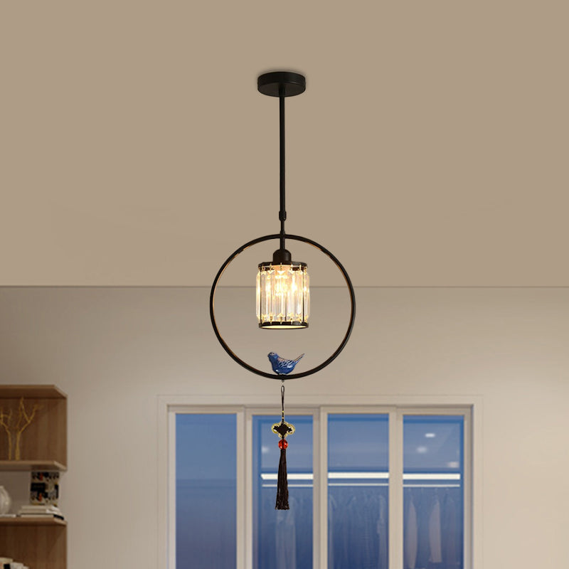 Modern Black/Gold Prismatic Crystal Pendant Light With Elegant Hoop And Tassel Design