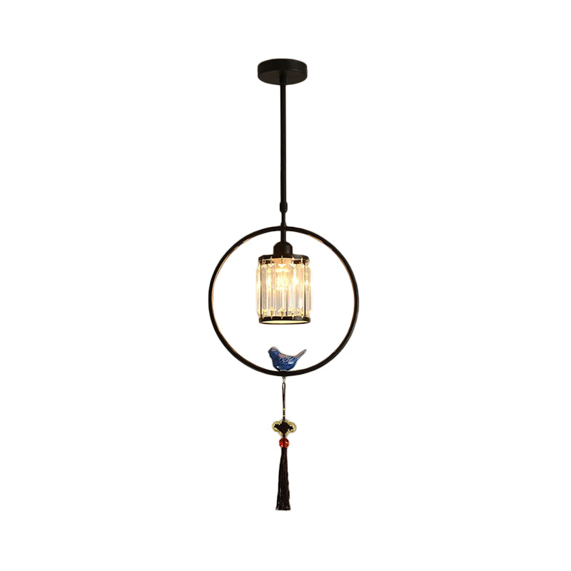 Modern Black/Gold Prismatic Crystal Pendant Light With Elegant Hoop And Tassel Design