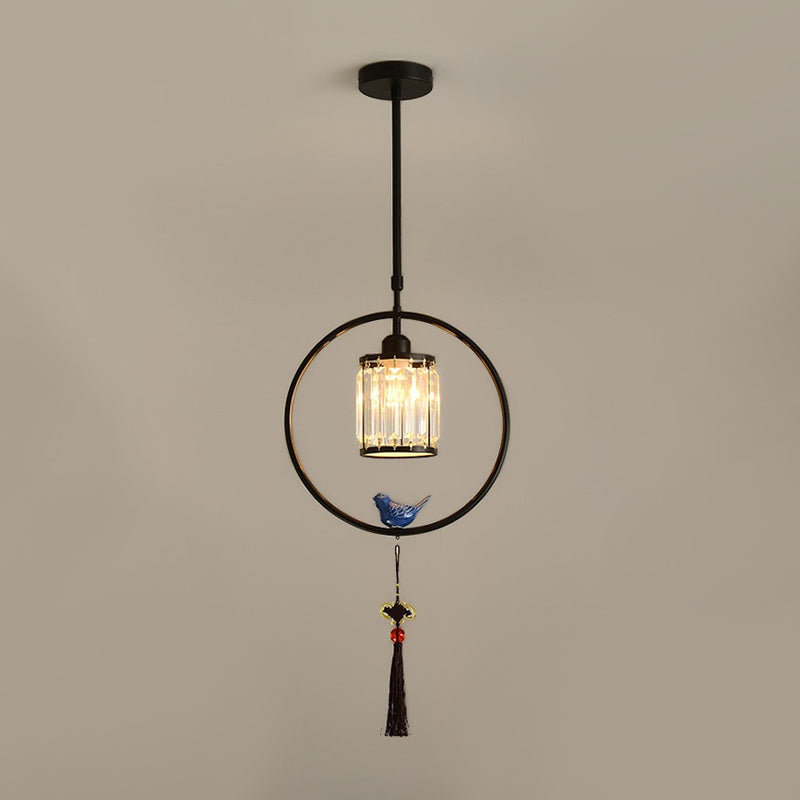 Modern Black/Gold Prismatic Crystal Pendant Light With Elegant Hoop And Tassel Design