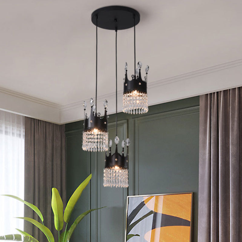 Contemporary Black Metal 3-Head Suspension Light with Crystal Draping for Dining Room