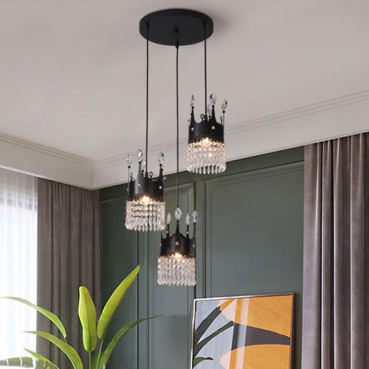 Contemporary Black Metal 3-Head Suspension Light with Crystal Draping for Dining Room