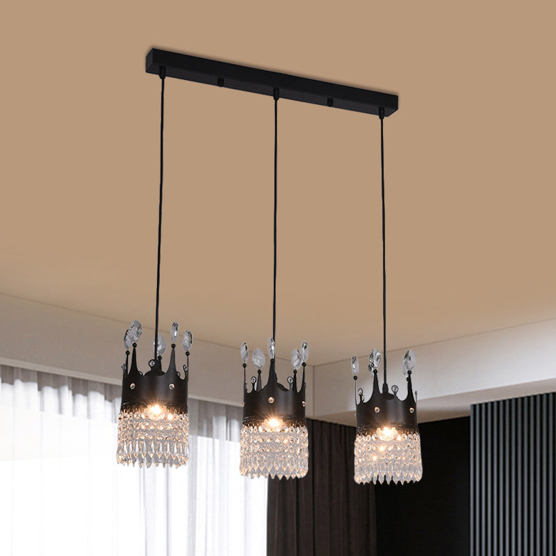 Contemporary Black Metal 3-Head Suspension Light with Crystal Draping for Dining Room