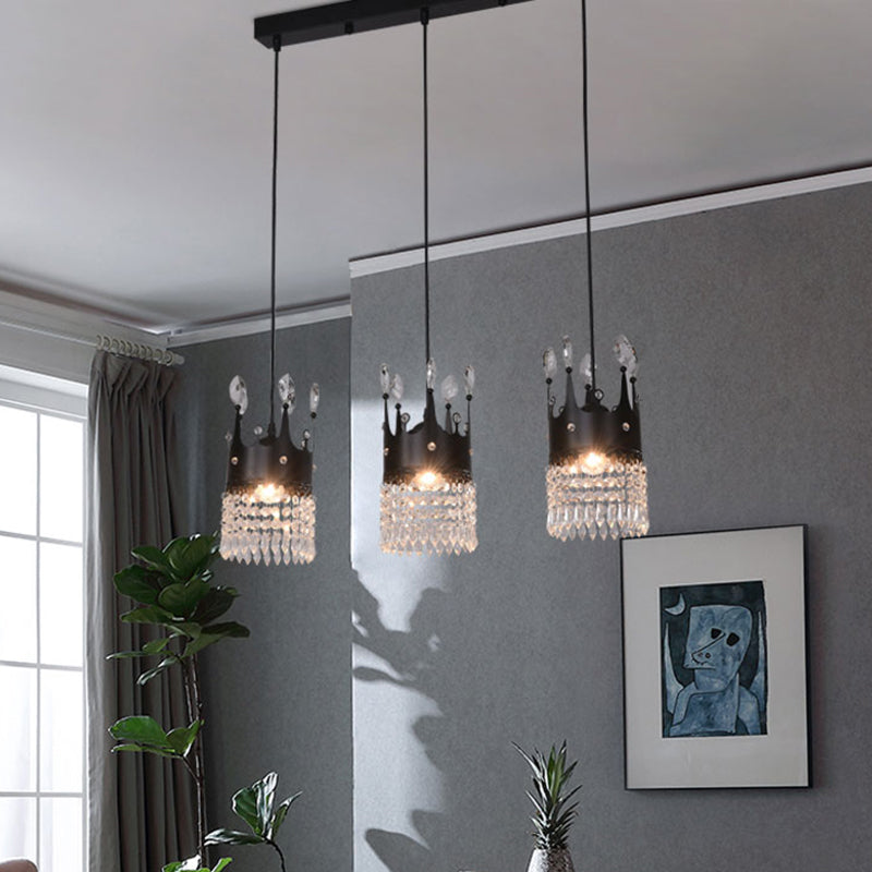 Contemporary Black Metal 3-Head Suspension Light with Crystal Draping for Dining Room